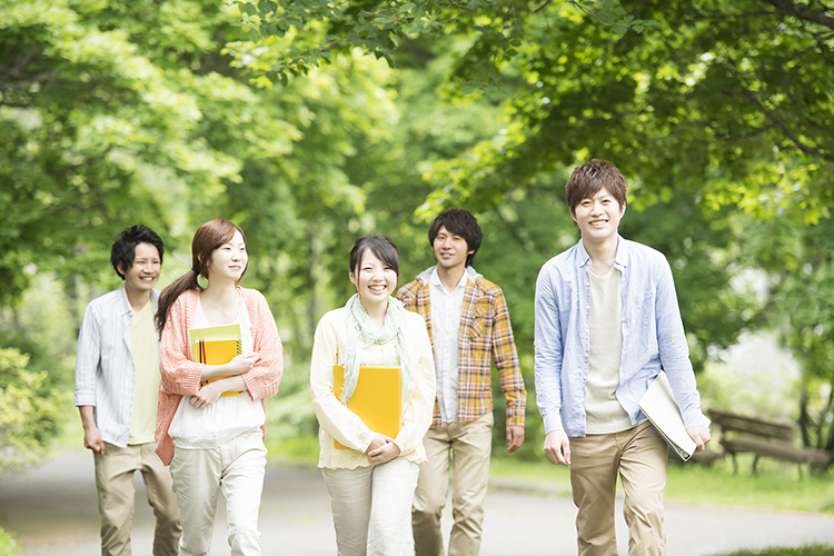 複数の男女学生が街路樹を散歩する写真